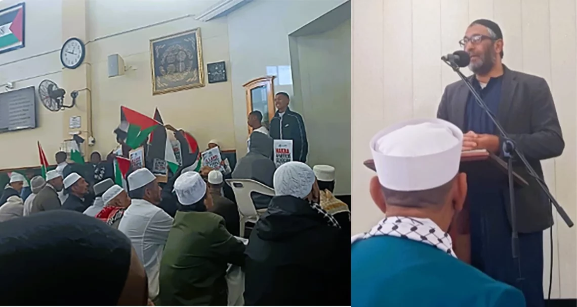 Adnaan Adams (right) addressing the congregation at Masjidut Taqwa in Newfields Estate, Cape Town, on Friday, June 12. (Photo: Supplied)